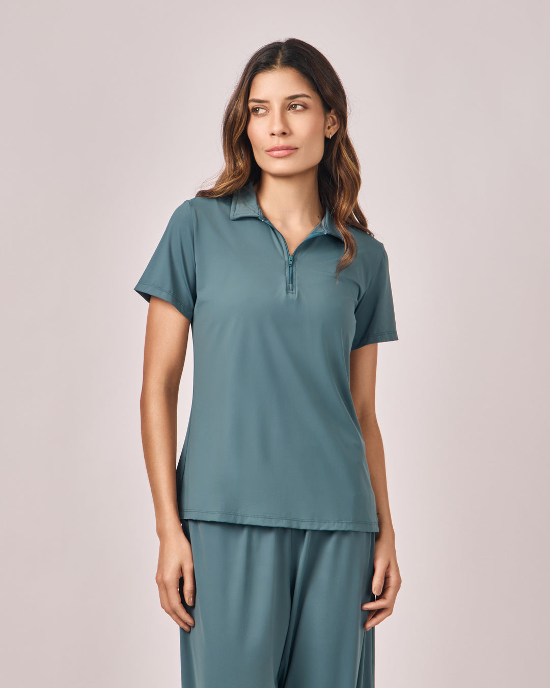 Polo Dry Fit com Zíper - Verde Petróleo