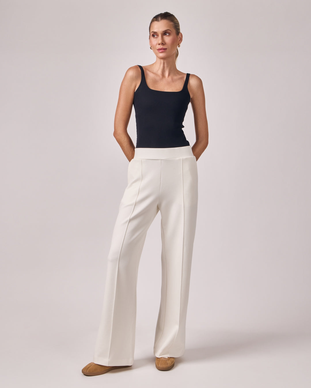 Calça Ampla Casual Cós Liso - Off White