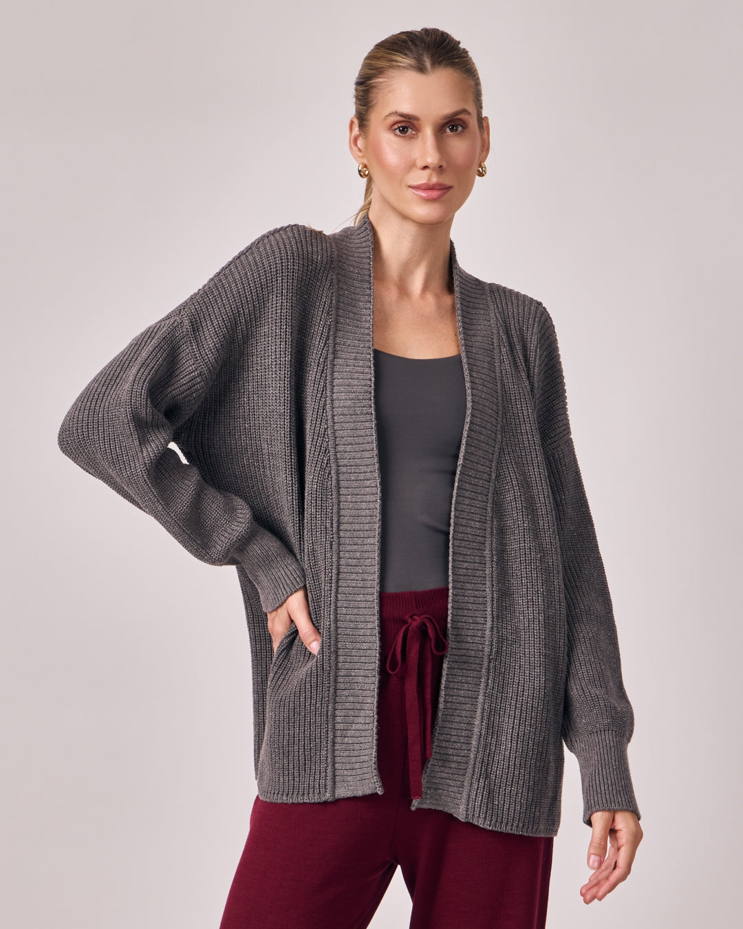 Casaco Tricot com Cinto - Cinza Chumbo