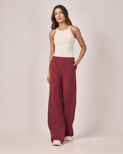 Calça Ampla Casual Cós Liso - Merlot